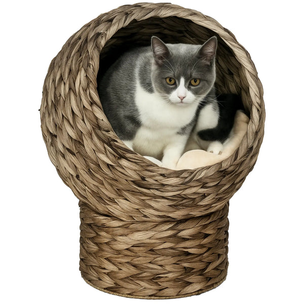 Panier lit surélevé pour chat, niche grotte cosy grand confort, dim. 40L x 37l x 51H cm coussin moelleux beige inclus-0