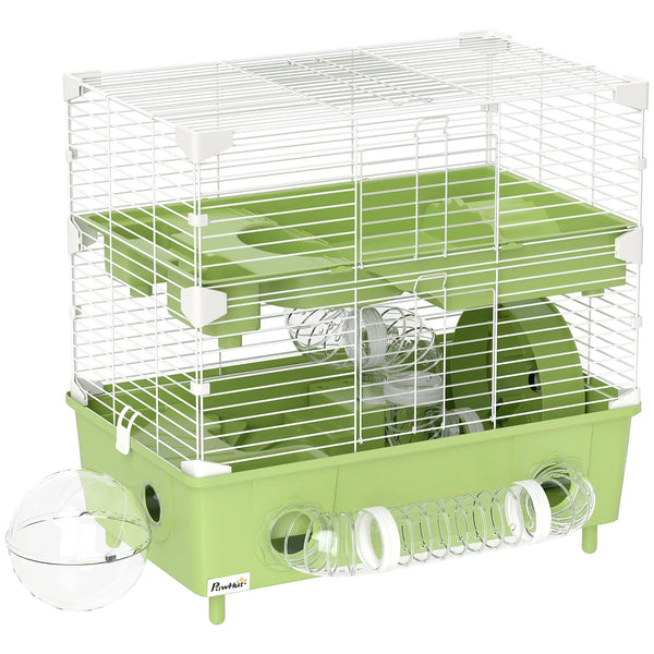 Cage pour hamster  à 2 niveaux avec roue de course salle de bain en sable pour hamster nain 44,5 x 28 x 44 cm vert-0