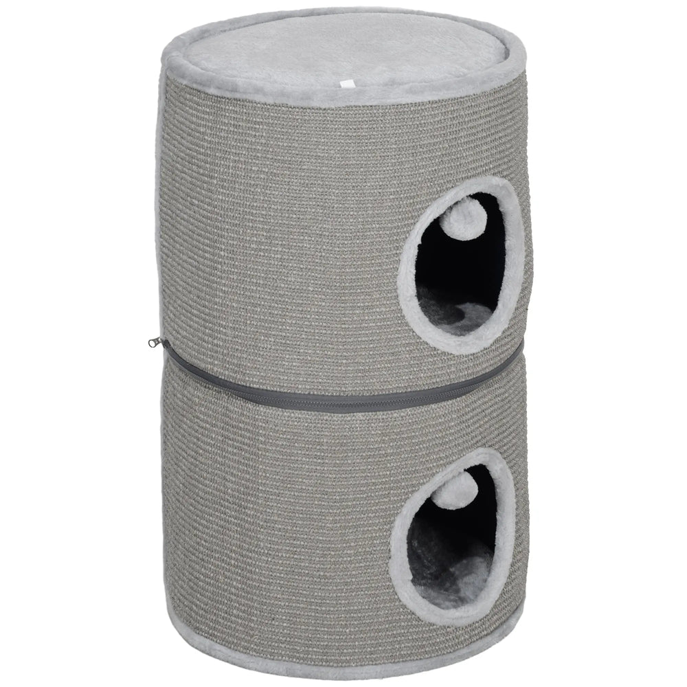Tour pour chat modulable tonneau griffoir chat avec fermeture éclair séparable 3 niveaux deux balles Ø 42 x 69H cm gris-0