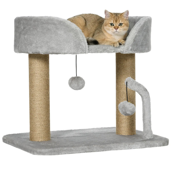 Arbre à chat grattoir design avec jeu 2 pompons suspendus 2 poteaux jute plateforme peluche jute 48 x 38 x 42 cm gris-0