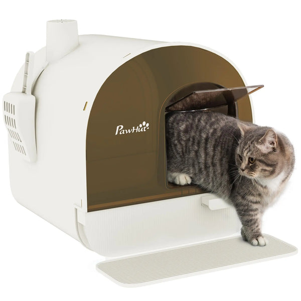 Maison de toilette pour chat avec tiroir amovible, bac à litière fermé avec tapis anti-trace, pelle, filtre anti-odeur et porte battante, nettoyage facile, 43 x 44 x 47 cm, blanc-0