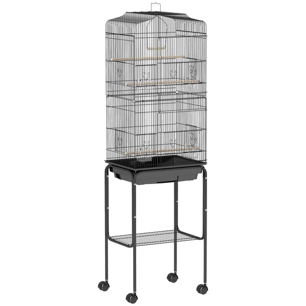 Cage à oiseaux sur pied volière oiseaux sur roulettes toit ouvrant 3 perchoirs étagère inférieure 46,5x36x157cm noir-0