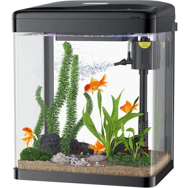 PONDON Betta Fish Tank 2 Gallon Glass Aquarium 3 in 1 Fish Tank with Filter and Light Desktop Small Fish Tank for Betta Fish Shrimp Goldfish (Black) Zooko
