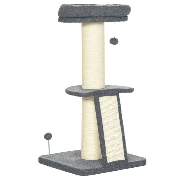 Arbre à chat avec griffoir tronc en sisal boules suspendues et plate-forme d'observation hauteur 92 cm - gris-0