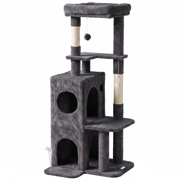 Arbre à Chat 4 Niveaux 132 cm, Niche, Lit, Plateforme, Poteaux à Griffer en Sisal, Jouets Suspendus, Gris Foncé-0