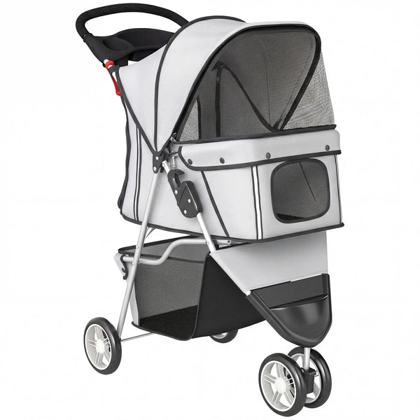 Poussette pour Chien 4 Roues, Chariot Pliable avec Auvent Réglable, Panier de Rangement, 77x44x102cm, Gris-0