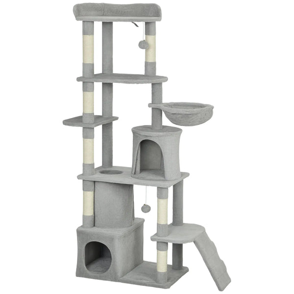 Arbre à chat tour de jeux 7 poteaux à griffer 3 platesformes 2 niches tunnel hamac et 2 pompons 170 cm gris foncé-0