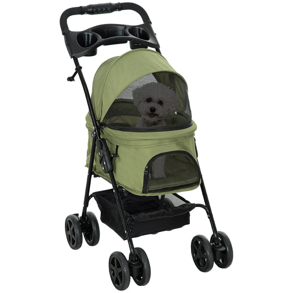 Poussette buggy pliable chien chat panier rangement porte-gobelets tissu 300D Oxford imperméable 4 roues vert-0