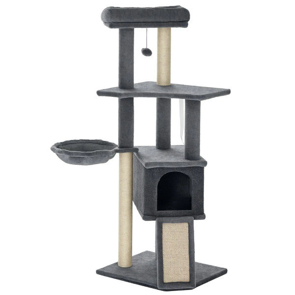 Arbre à chat centre d'activités multi-équipé griffoirs grattoir jeu boule suspendue niche plateformes gris-0