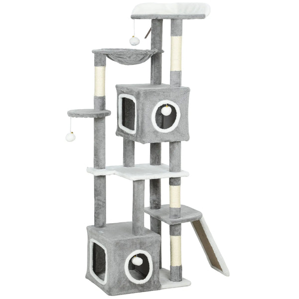 Arbre à chat tour de jeux pour chats centre d'activités 2 niches plateformes hamac échelle et 4 pompons 165 cm gris-0