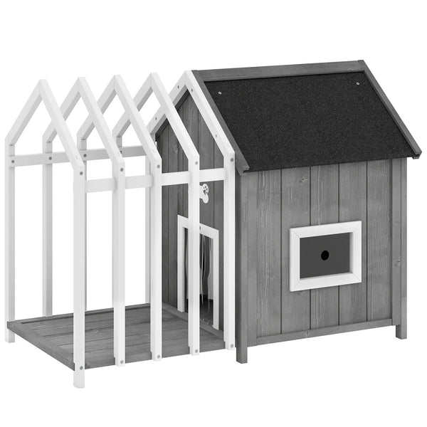 Niche pour chien extérieur en bois maison chien extérieur avec terrasse, porte à lamelles, 106 x 62,5 x 80,5 cm, gris-0