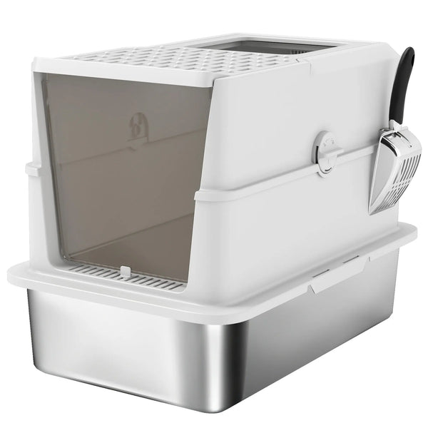 Bac à litière pour chat fermé, maison de toilette pour chat en acier inoxydable, 60,2 x 40,2 x 43,7 cm, gris clair-0