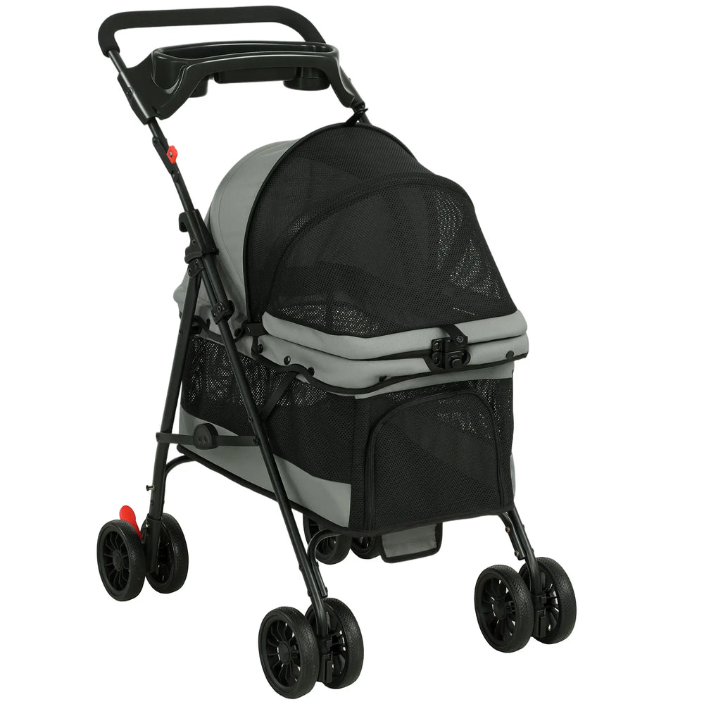 Poussette pour Chien Pliable, 4 Roues EVA, Fenêtres en Maille, Laisses de Sécurité, Coussin Amovible, 73x50x96cm, Gris-0