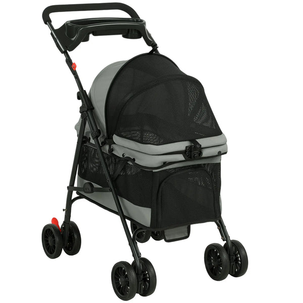 Poussette pour Chien Pliable, 4 Roues EVA, Fenêtres en Maille, Laisses de Sécurité, Coussin Amovible, 73x50x96cm, Gris-0