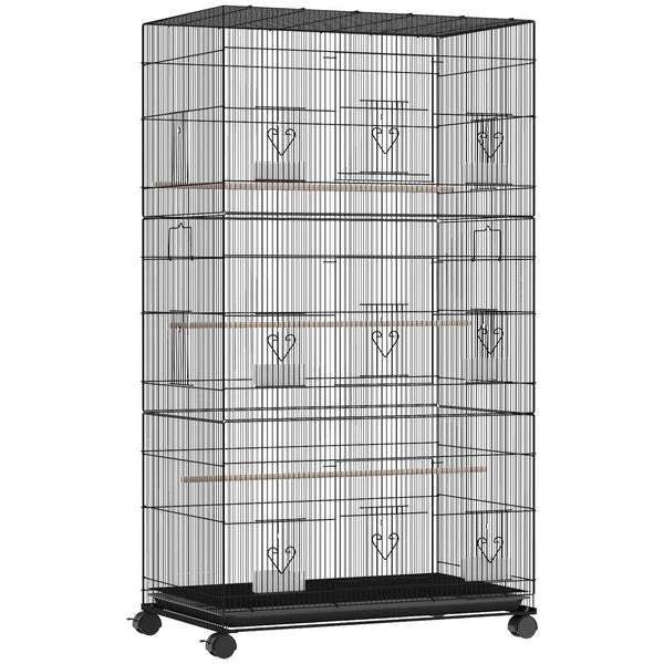 Grande Cage à Oiseaux sur Roulettes en Acier, Plateau Amovible, Portes, Perchoirs, Mangeoires, 77x46,5x141cm, Noir-0