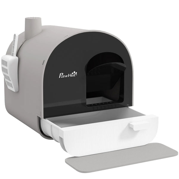 Bac à litière pour chat avec porte battante pelle et filtre inclus dim. 43L x 44l x 47H cm gris-0
