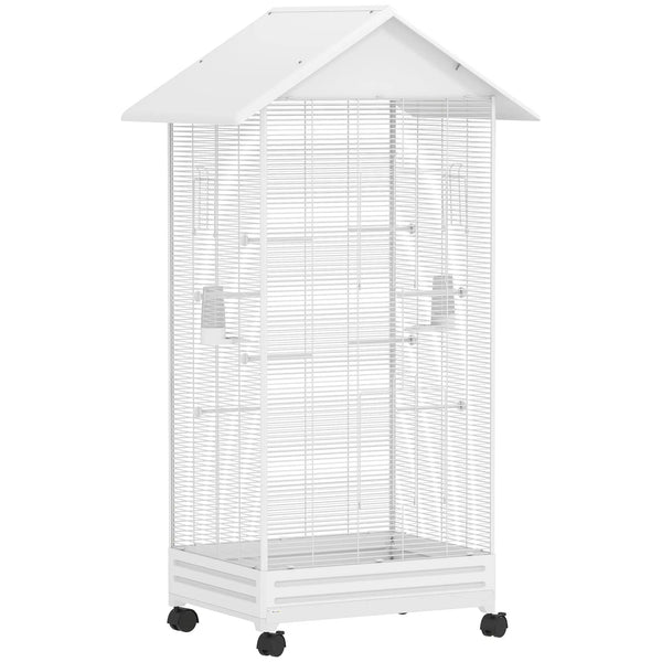 Cage oiseau sur pied volière oiseaux intérieure sur roulettes 2 mangeoires 8 perchoirs 79 x 65 x 155 cm fil d'acier blanc-0
