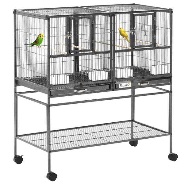 Cage à Oiseaux Volière Oiseaux Intérieur avec Séparation Mangeoire et Perchoir 95L x 45,5l x 102H cm Noir et Gris-0