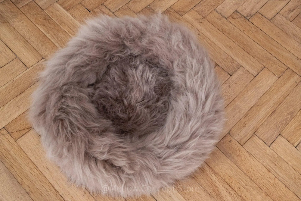Round Natural Sheepskin Pet Bed - Greige-3
