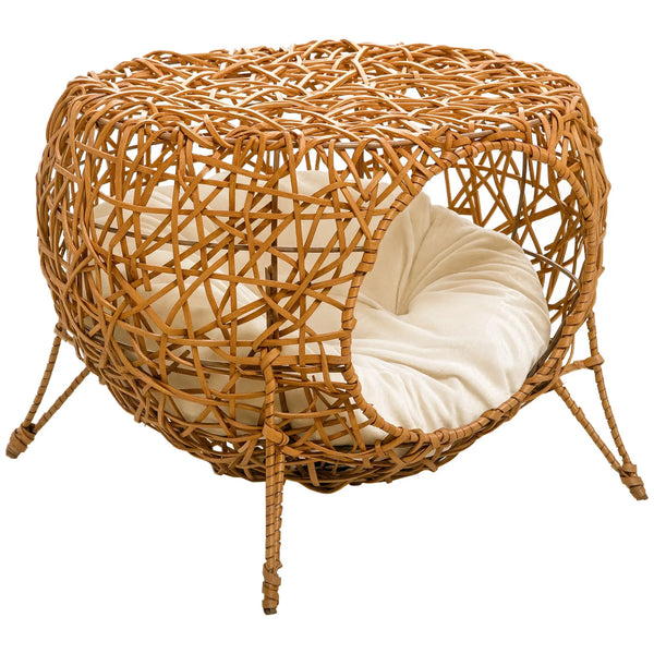 Niche pour chat lit pour chat panier chat maison de chat en rotin coussin épais Ø 40 x 32 cm marron clair-0