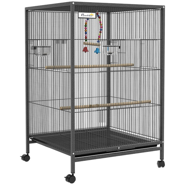Cage oiseau sur pied cage sur roulettes avec balançoire, perchoirs et plateau coulissant 48 x 46 x 78 cm en acier noir-0
