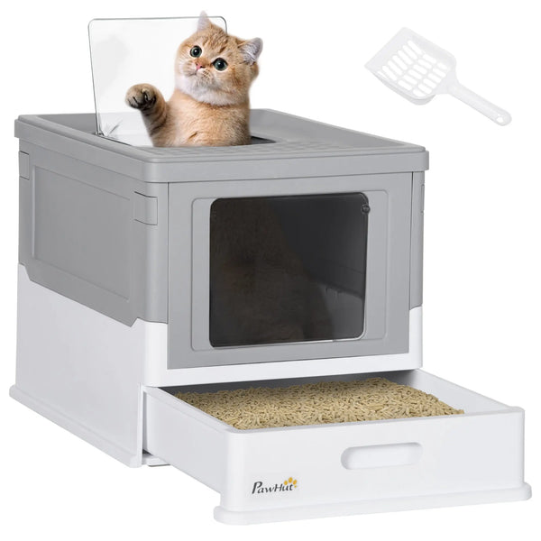 Maison de toilette pour chat pliable double porte battante et supérieure pelle fourni 47,5 x 35,5 x 36,7 cm gris-0