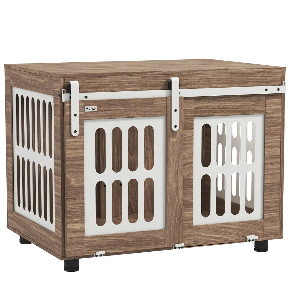 Meuble cage pour chien avec porte coulissante, maison pour chien de moyenne, table d'appoint, 80 x 59 x 63 cm, noyer-0