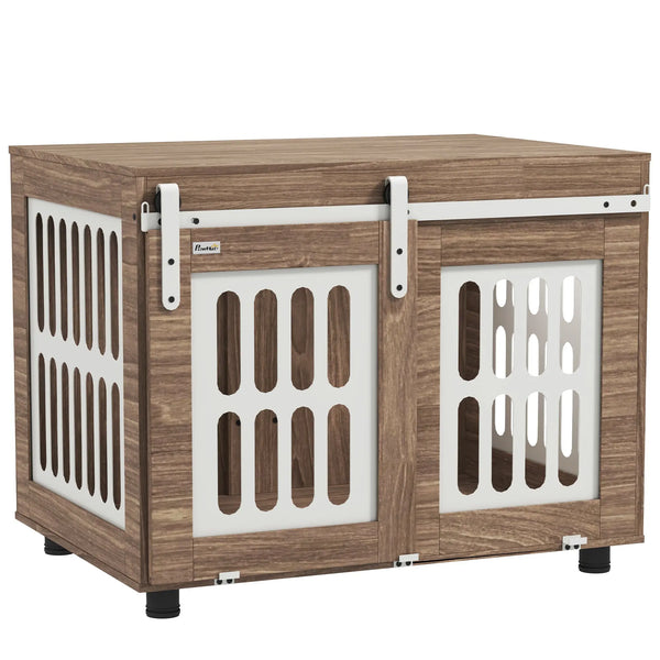 Meuble cage pour chien avec porte coulissante, maison pour chien de moyenne, table d'appoint, 80 x 59 x 63 cm, noyer-0