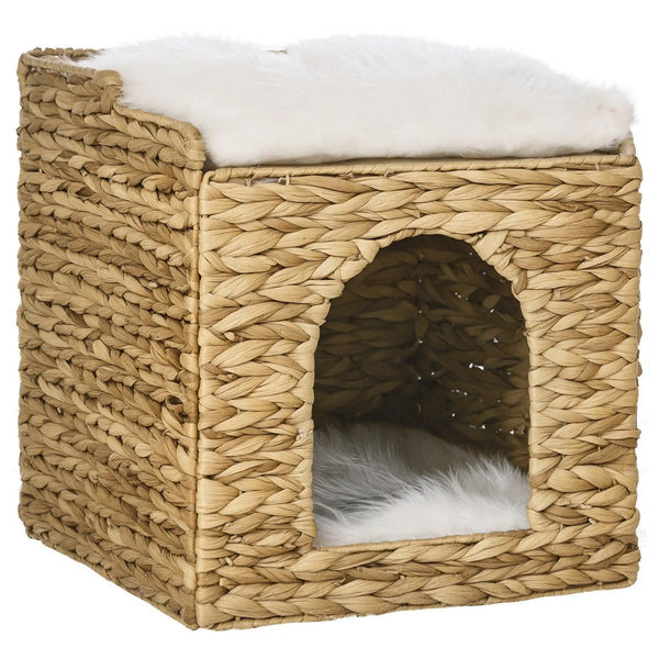 Niche pour chat 2 niveaux avec 2 coussins en jacinthe d'eau - 37,5 x 37,5 x 41,5 cm marron crème-0