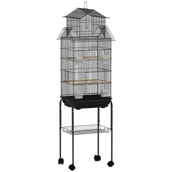 Cage à oiseaux sur pied, volière sur roulettes avec balançoire, support, design maison, 50,5 x 41 x 163 cm en acier noir-0
