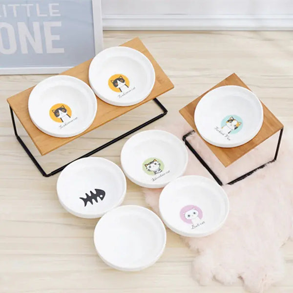 Cute Cat Bowl High-End Pet Bowl Bamboo Shelf Ceramic Feeding and Drinking Bowls for Dogs and Cats Pet Feeder Dog Double Bowls Zooko