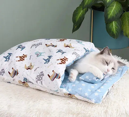 Japanese Cat Bed Warm Cat Sleeping Bag Deep Sleep Cave Winter Removable Pet House Bed for Cats Dogs Nest Cushion with Pillow-5
