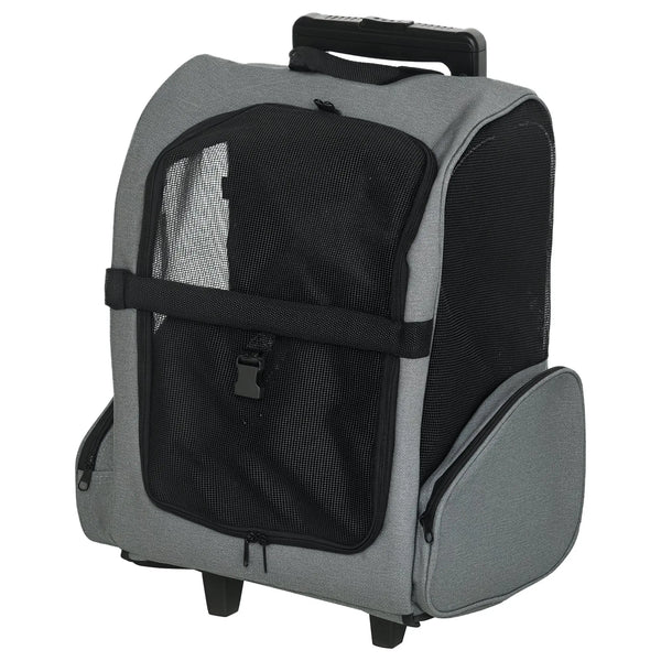 Sac de transport à roulettes pour chien 2 en 1 trolley chariot sac à dos pour chien chat avec poignée téléscopique, sacs de rangement, aérations, attache de sécurité, 42 x 25 x 55 cm, gris-0