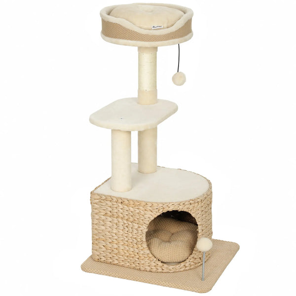 Arbre à Chat Design Moderne Style Tressé avec Griffoir 4 Niveaux Niche en Massette Perchoir en Jute 87 cm Beige-0