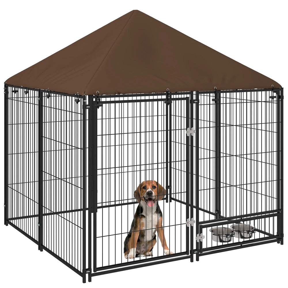 Chenil extérieur pour Chiens en métal et Tissu Oxford Support gamelle et Toit résistant aux intempéries Espace spacieux-0