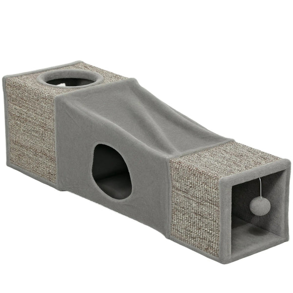 Tunnel pour chat intérieur jouets pour chats avec balle suspendue entrées multiples en sisal 98 x 30 x 30 cm gris-0