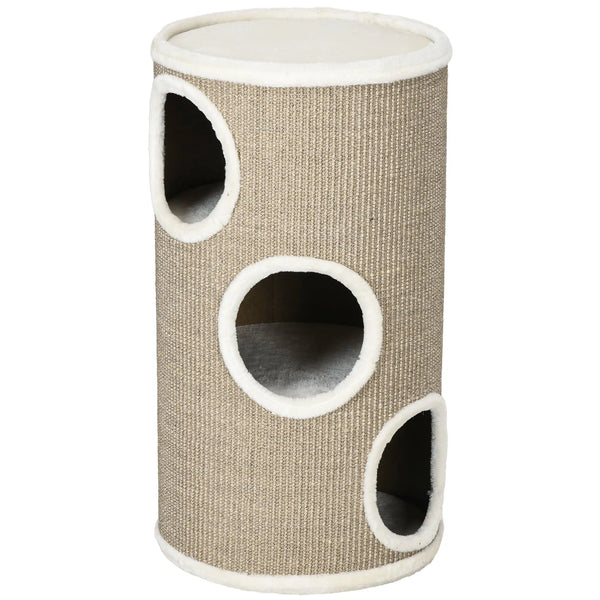 Tonneau à Gratter pour Chat, Tour à Griffer en Sisal à 3 Niveaux Recouvert de Peluche, Ø 38 x 70 cm, Marron-0
