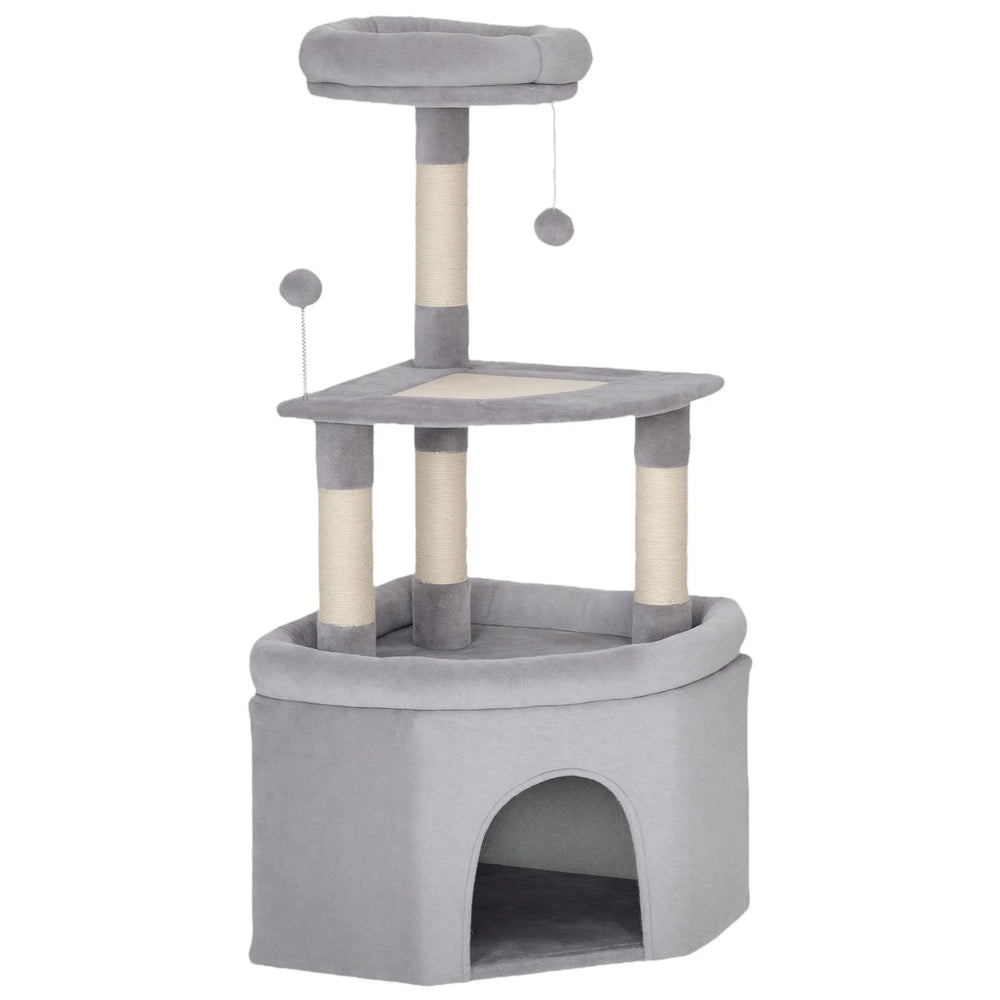 Arbre à chat tour de jeux pour chats griffoirs sisal, plate-forme, niche, tissu peluche, balles, 49x49x114cm gris clair-0