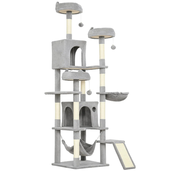 Arbre à chat tour de jeux pour chat 8 poteaux à griffer 4 plateformes 2 niches  échelle et 3 boules hauteur 192 cm gris-0