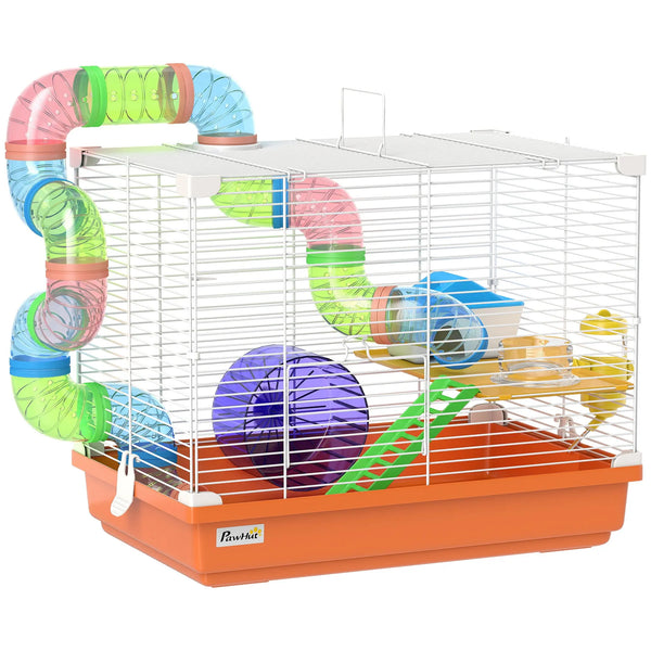 Cage à Hamster Rongeur 2 Niveaux avec Tunnel, Biberon d'Eau, Roue, Maisonnette, Échelles, 46 x 30 x 37 cm, Orange-0