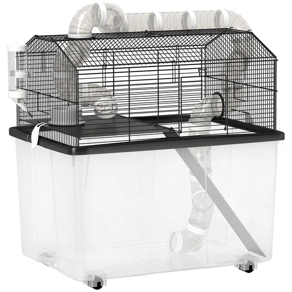 Cage pour hamster portable cage pour hamster avec rampe, gamelle, bouteille d'eau système de tuyaux 58 x 43 x 57 cm noir-0