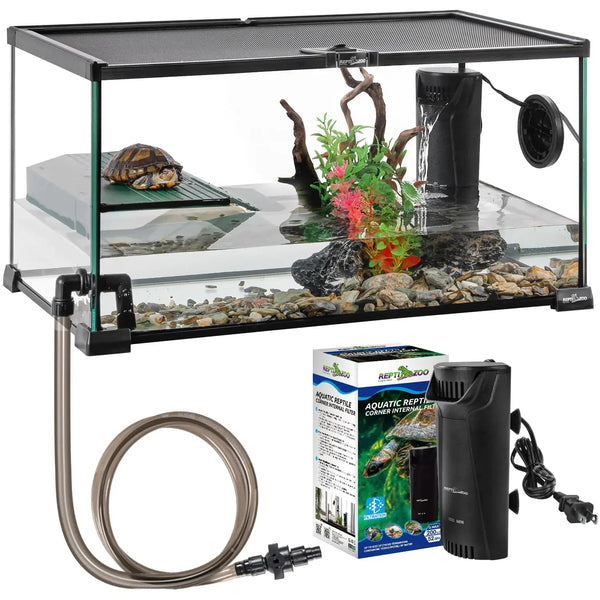 REPTIZOO Glass Turtle Tank Kit 10 Gallon Turtle Tank Starter Kit with Drainage System Turtle Basking Platform and Quiet Aquarium Corner Internal Filter 20" x 12" x 10" Aquatic Turtle Terrarium Zooko