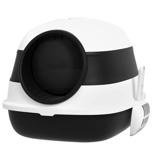 bac à litière pour chat pliable porte battante lucarne + pelle fournis noir blanc-0