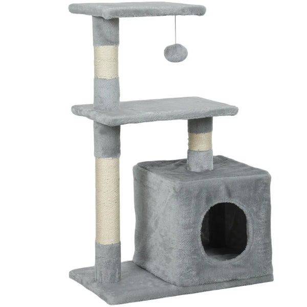 Arbre à chat tour de jeux pour chats poteaux en sisal, 2 plate-forme, niche, balle, tissu peluche, 50x30x81,5cm, gris-0