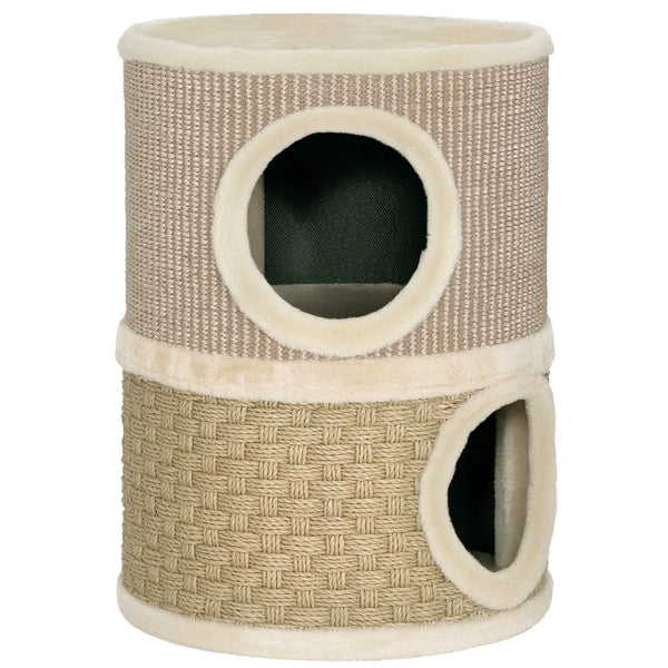 Tonneau à gratter pour chat arbre à chat sisal naturel et herbiers marins recouvert de peluche 35,5x35,5x49cm kaki café-0