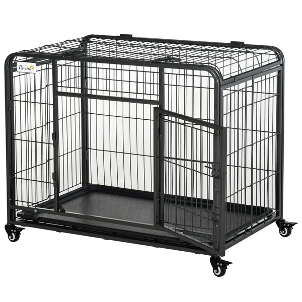 Cage pour chien pliable cage de transport sur roulettes 2 portes verrouillables plateau amovible dim. 94L x 58l x 69,5H cm métal gris noir-0