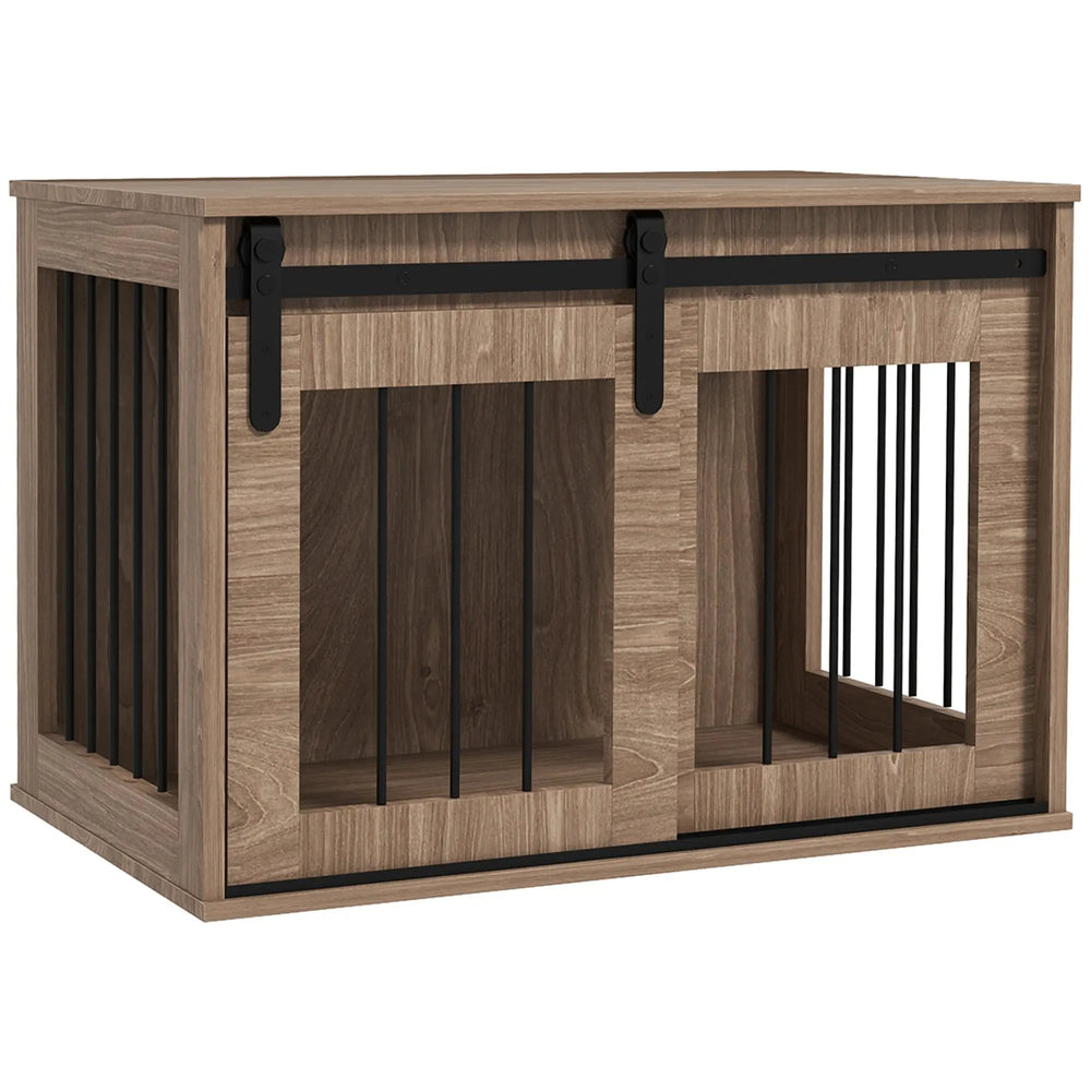 Cage caisse pour chien animaux intérieur porte coulissante, métal effet bois, dim. 57H x 80L x 54l cm-0