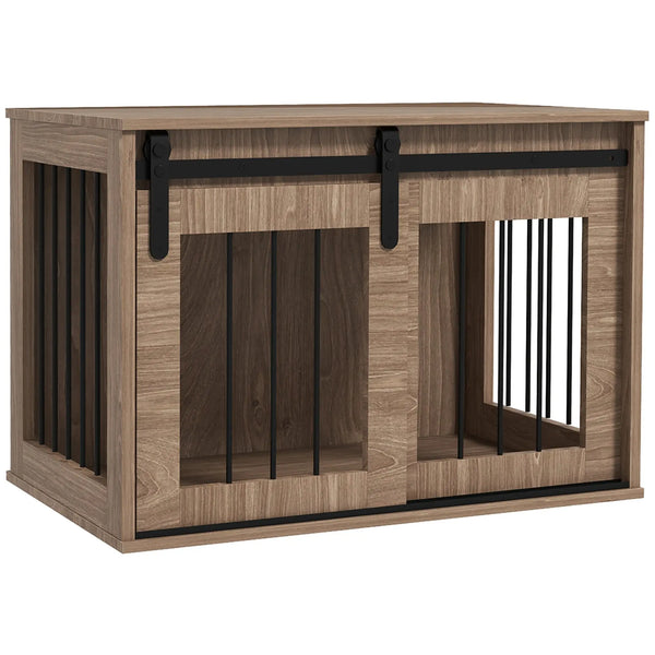 Cage caisse pour chien animaux intérieur porte coulissante, métal effet bois, dim. 57H x 80L x 54l cm-0