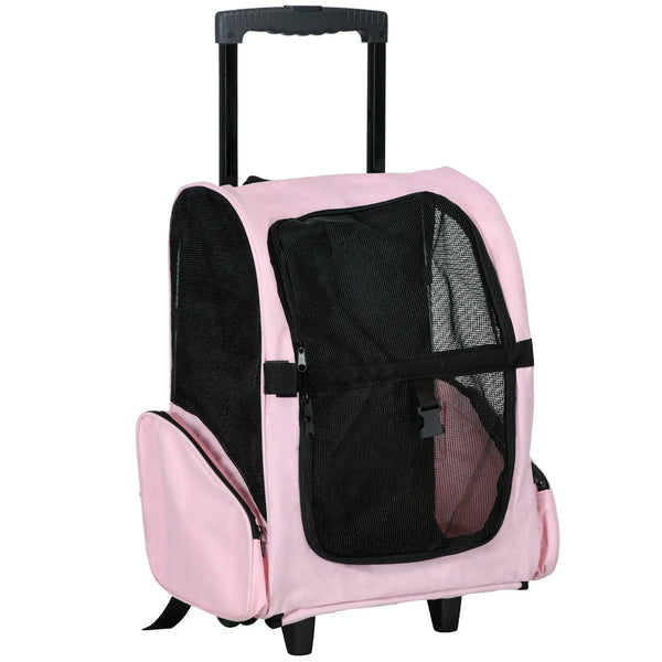 Sac de transport à roulettes pour chien 2 en 1 trolley chariot sac à dos pour chien chat avec poignée téléscopique, sacs de rangement, aérations, attache de sécurité, 42 x 25 x 55 cm, rose-0