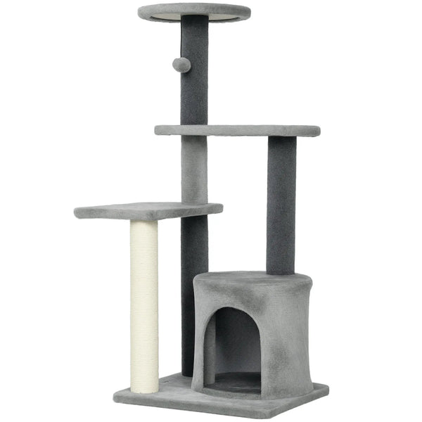 Arbre à Chat Hauteur 103 cm, Platesformes, Niche en Peluche, Balle en Peluche, Poteaux en Sisal, Base Renforcé, Gris-0